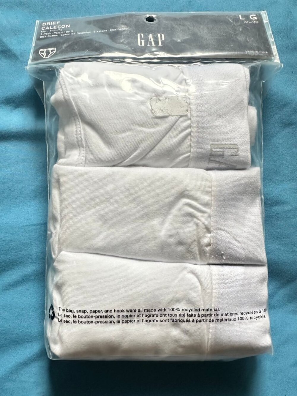 GAP Men Brief Pack of 3, Brand New, White, 95% Cotton, 5% Spendex, Size Large 36